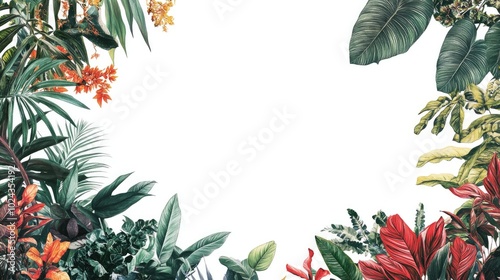 Artwork featuring creeping plants alongside tropical foliage designed as a drawing on a white background suitable for interior photo wallpaper photo