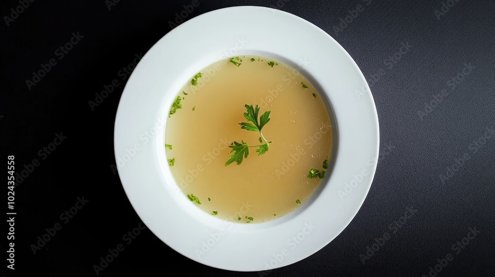 Chicken soup served on a white plate against a black backdrop Chicken soup served on a white plate against a black backdrop