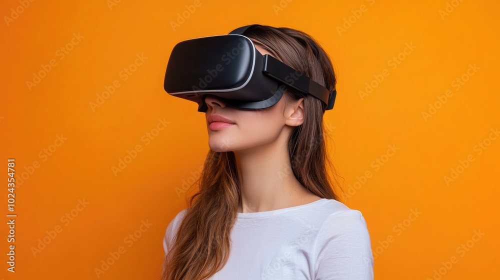 Immersed in Cyber Reality - Caucasian Woman Virtual Reality Gamer on Orange Background Immersed in Cyber Reality - Caucasian Woman Virtual Reality Gamer on Orange Background