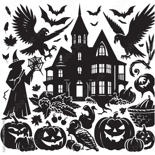 Halloween clip art set showcasing various spooky elements like witches, skeletons, and festive decorations