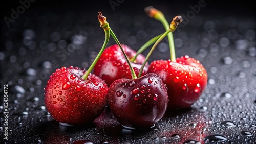 Sweet red cherries with water drops isolated on black background