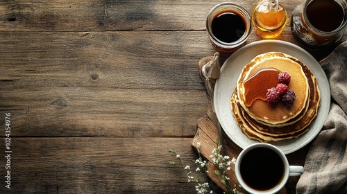 Delightful Breakfast Spread: Pancakes, Syrup, and Coffee