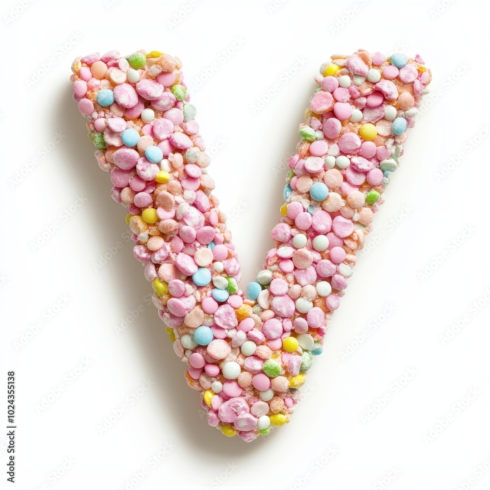 A colorful letter 'V' made of small, round candies, showcasing vibrant pastel hues. A colorful letter 'V' made of small, round candies, showcasing vibrant pastel hues.