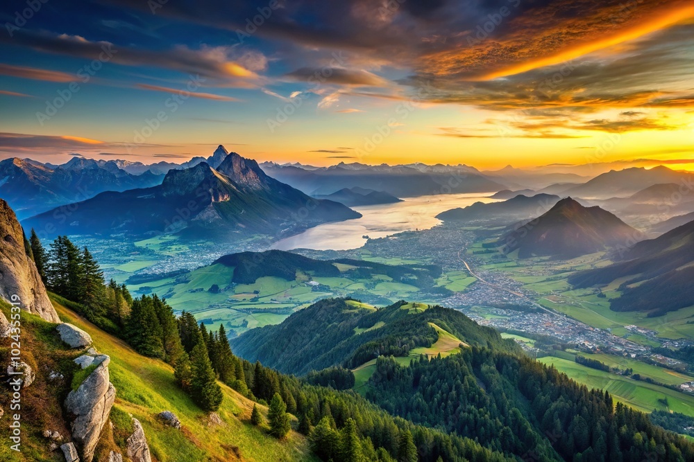 Swiss mountains and valley near Pilatus at sunset Swiss mountains and valley near Pilatus at sunset