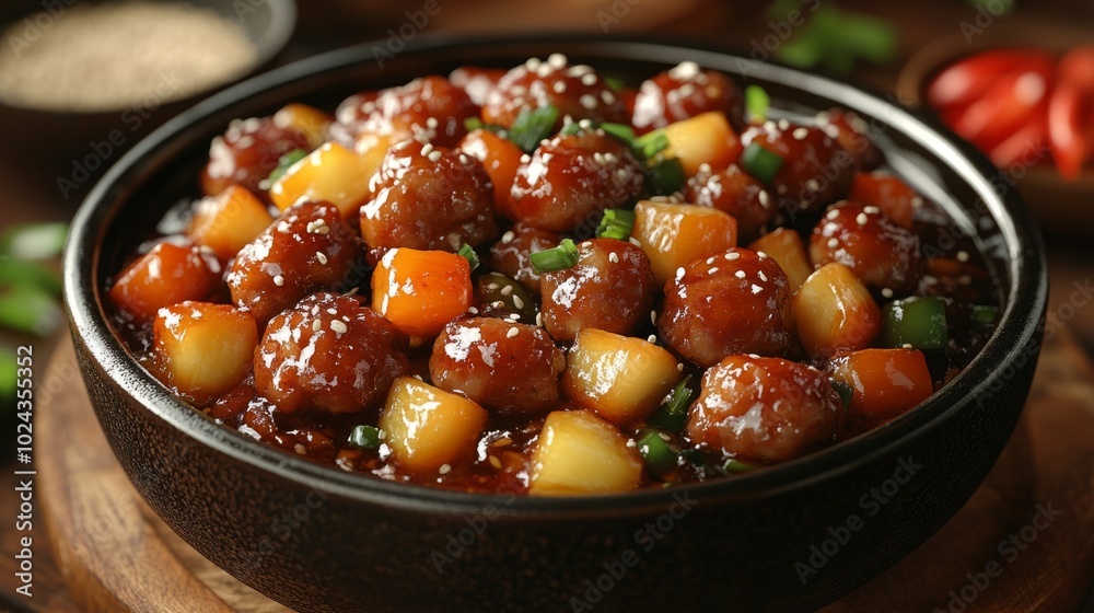 A bowl of meatballs and pineapple chunks A bowl of meatballs and pineapple chunks
