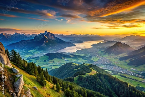 Swiss mountains and valley near Pilatus at sunset