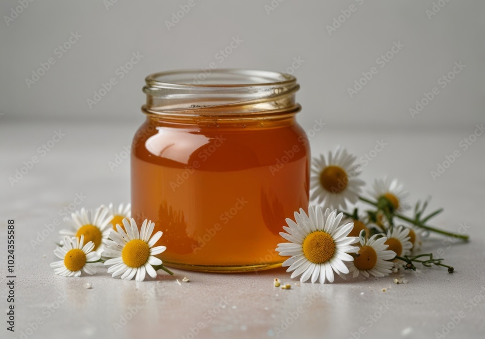 Honey on a white background in a jar with daisies Honey on a white background in a jar with daisies