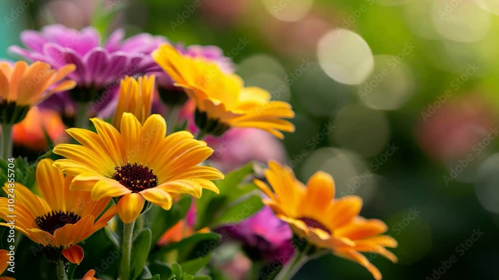Vibrant Close-Up of Colorful Daisies in Bloom with Soft Focus Background in a Lush Garden Setting Vibrant Close-Up of Colorful Daisies in Bloom with Soft Focus Background in a Lush Garden Setting