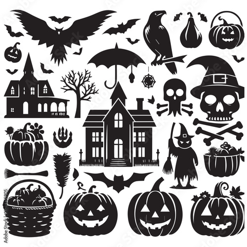 Halloween clip art set showcasing various spooky elements like witches, skeletons, and festive decorations