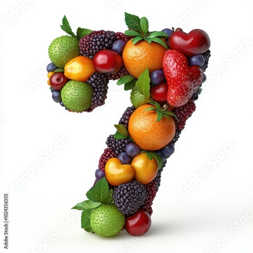 A colorful number seven composed of various fruits and leaves, showcasing a vibrant design.