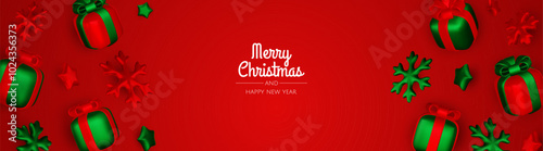 Happy New Year and Merry Christmas. Christmas holiday background with realistic 3d objects,gold and red bauble balls, conical metal stars, gift. Levitation falling design composition.