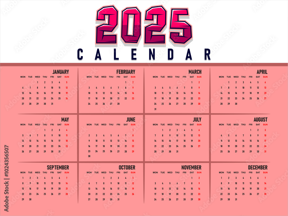 Vetor de 2025 Calendar template, Calendar 2025 design vector, unique