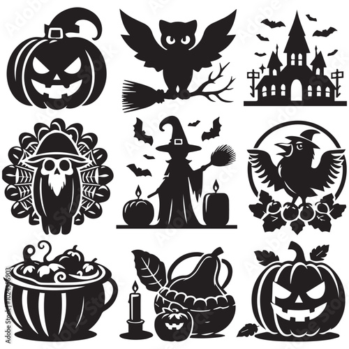 Halloween clip art set showcasing various spooky elements like witches, skeletons, and festive decorations