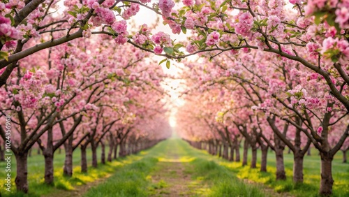 Symmetrical apple blossom tree branch in an orchard pink flower