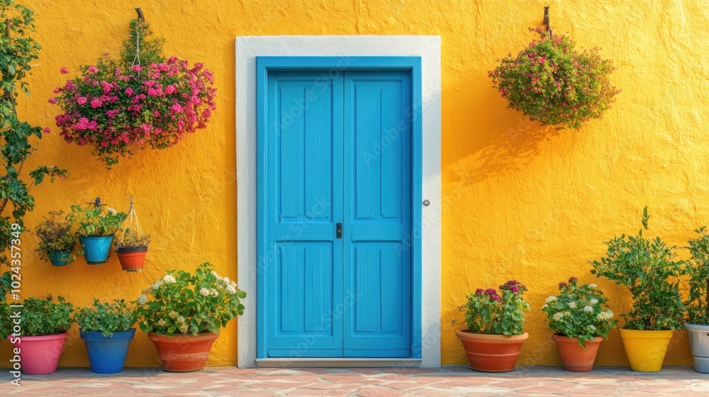 Fototapeta premium Vibrant Blue Door and Flower Pots