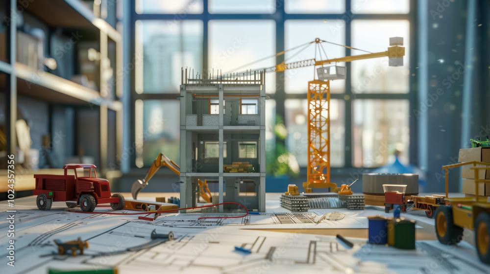 detailed construction scene featuring miniature building site with crane, truck, and construction equipment. vibrant setting showcases architectural plans and tools, evoking sense of creativity and detailed construction scene featuring miniature building site with crane, truck, and construction equipment. vibrant setting showcases architectural plans and tools, evoking sense of creativity and