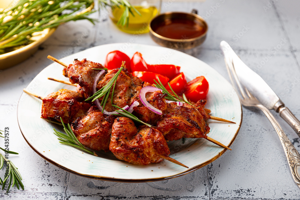 Pork kebab with barbecue sauce and tomatoes on the table Pork kebab with barbecue sauce and tomatoes on the table