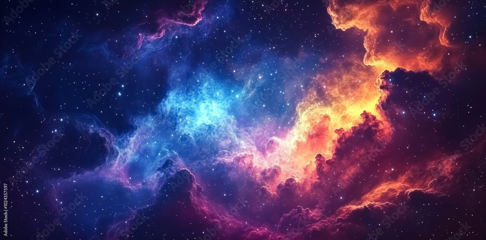 Obraz premium Glowing space galaxy cloud nebula background. Starry night cosmos supernova astronomy science wallpaper. 