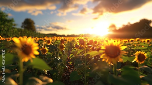 A wide-open field with rows of sunflowers reaching toward the sun