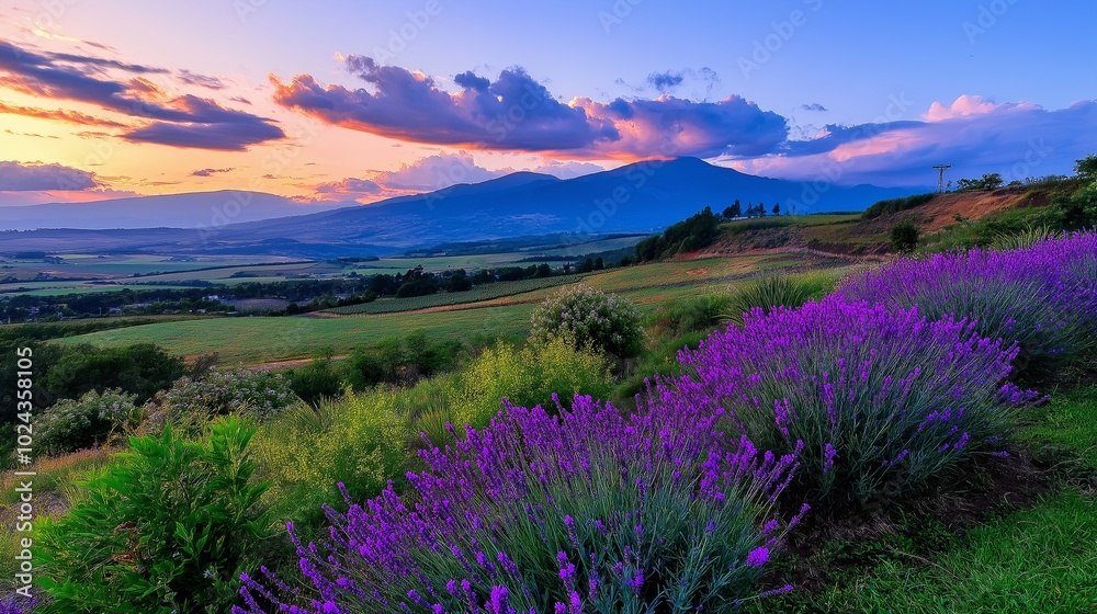 Obraz premium A vibrant sunset over rolling hills covered in lavender fields, with mountains in the distance