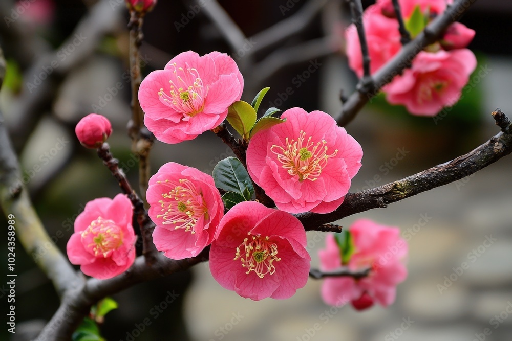 Blossoming pink flowers display vibrant beauty against a serene garden backdrop in spring Blossoming pink flowers display vibrant beauty against a serene garden backdrop in spring
