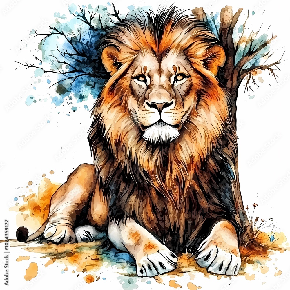 Regal Lion Resting Under Tree in Artistic Style Regal Lion Resting Under Tree in Artistic Style