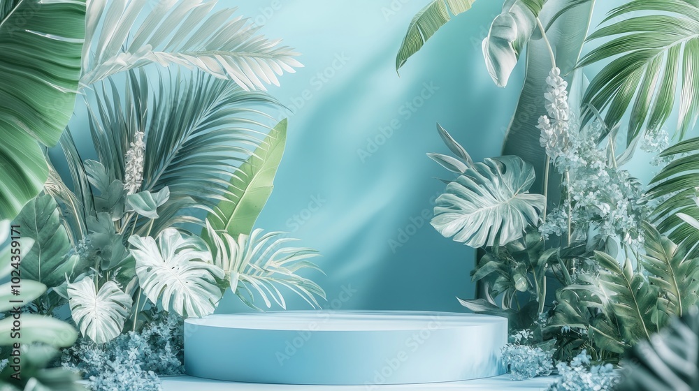 3D render of an abstract podium display featuring tropical leaves and a blue pastel plant scene ideal for product promotion and advertising set against a natural blue pastel backdrop 3D render of an abstract podium display featuring tropical leaves and a blue pastel plant scene ideal for product promotion and advertising set against a natural blue pastel backdrop