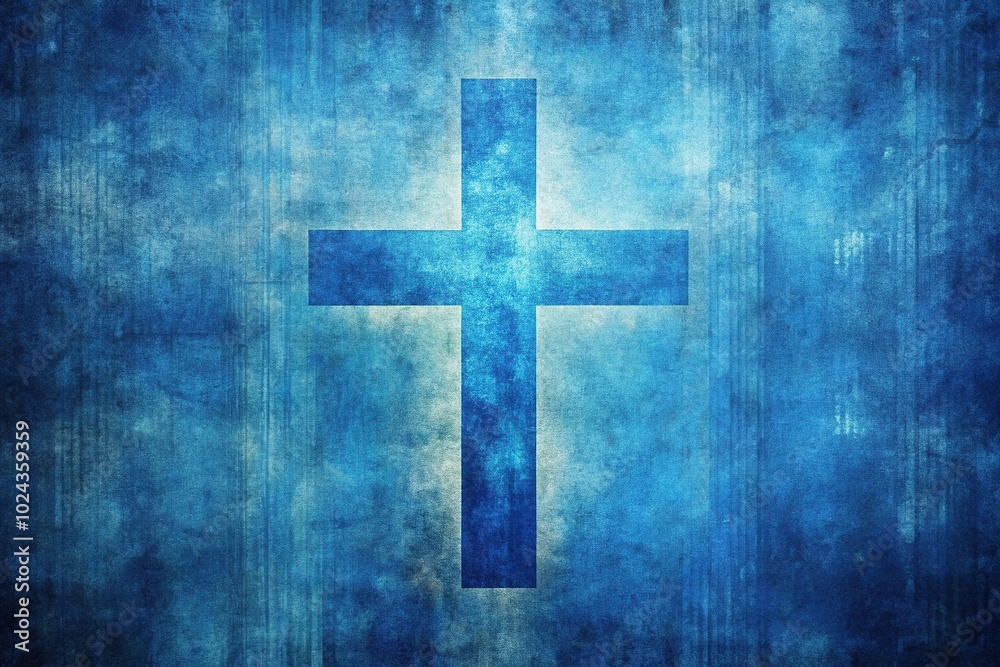 Symmetrical blue grunge background with textural cross suitable backdrop for worship lyrics scripture