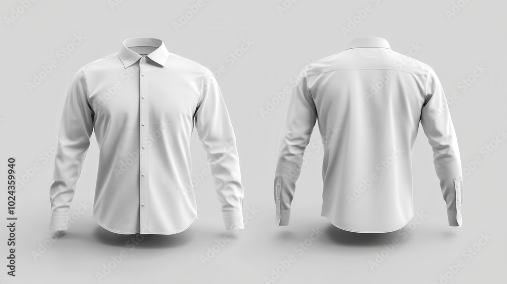 Mockup of a blank long sleeve collared shirt, exhibiting front and back views