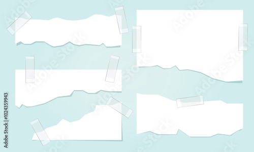 Pieces of paper with torn edges taped with sticky tape. Paper mockup