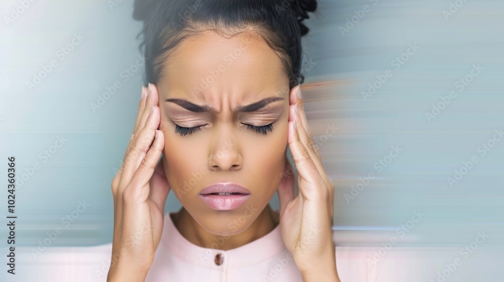 Woman experiencing severe headache with motion blur effect in pastel background Woman experiencing severe headache with motion blur effect in pastel background