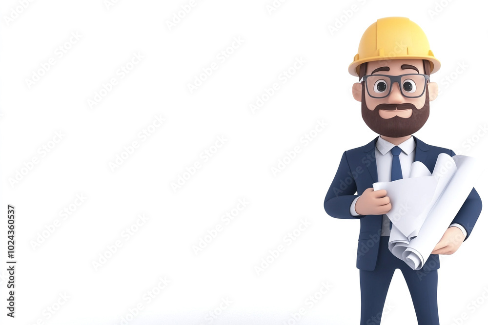 On a white background there is a businessman-engineer in a construction helmet with papers in his hands. In illustration style On a white background there is a businessman-engineer in a construction helmet with papers in his hands. In illustration style