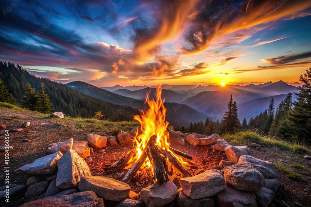 Naklejka premium Symmetrical camp fire burning at sunset in the mountains