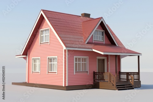 Charming pink cottage with a welcoming porch set against a clear blue sky in daylight