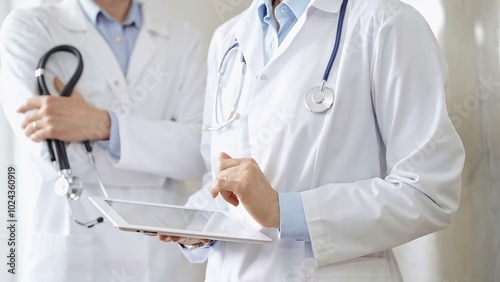 Two doctors wearing white coats and stethoscopes, using a digital tablet, discussing a patient's medical history. Medicine and science