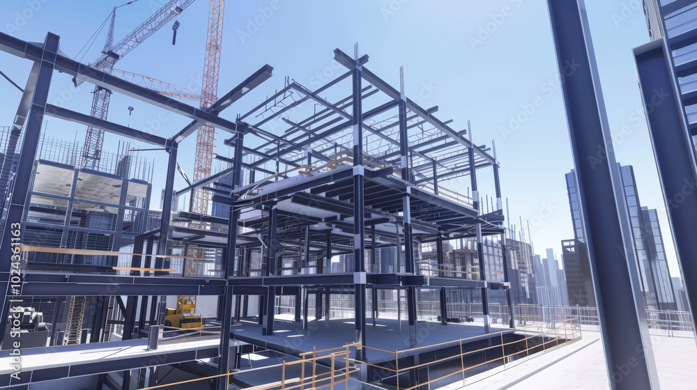 modern construction site showcasing steel framework of building under development, with cranes and scaffolding visible in bustling urban environment modern construction site showcasing steel framework of building under development, with cranes and scaffolding visible in bustling urban environment