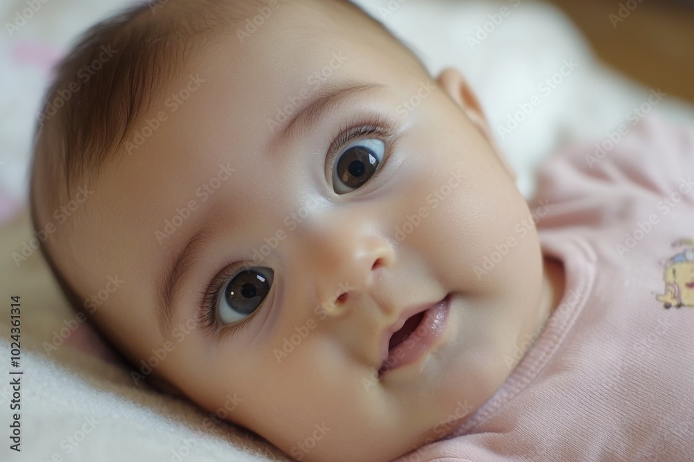Adorable baby with captivating eyes lying on soft blanket in cozy room during bright daylight Adorable baby with captivating eyes lying on soft blanket in cozy room during bright daylight
