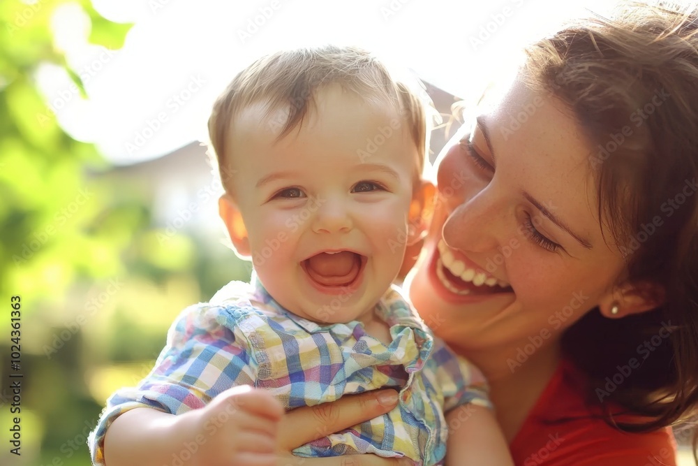 Joyful moments shared between a mother and her smiling baby in a sunlit garden during summer Joyful moments shared between a mother and her smiling baby in a sunlit garden during summer