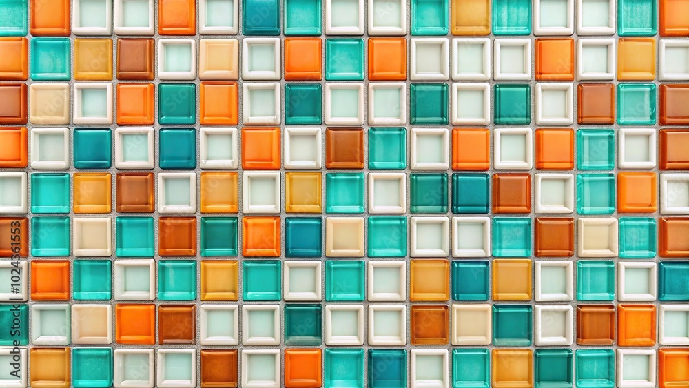 Fototapeta premium Symmetrical colorful glass mosaic tile background with white orange and teal colored blocks