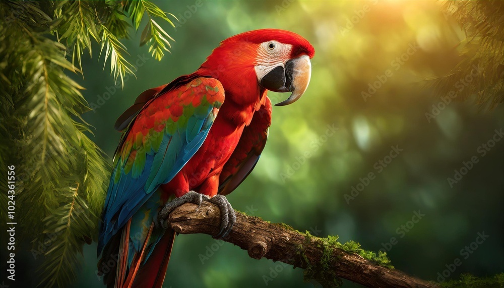 Obraz premium A Scarlet Macaw perched elegantly in the jungle surrounded by lush foliage with feathers glowing in the warm natural sunlight above 