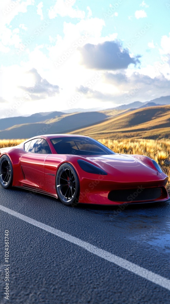 Naklejka premium A bold red sports car parked on a winding road with stunning hills under a dramatic sky