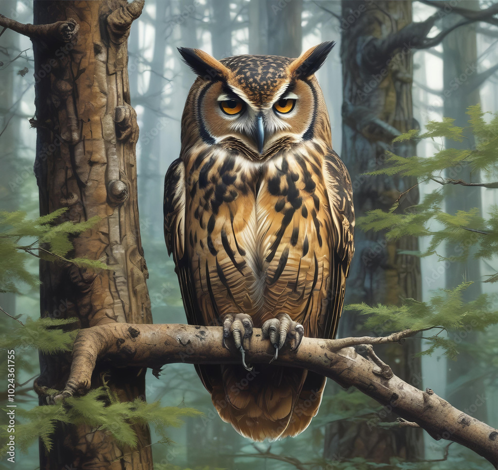 Fototapeta premium Realistic illustration of wild animal. Owl sleeping on branch of tree.