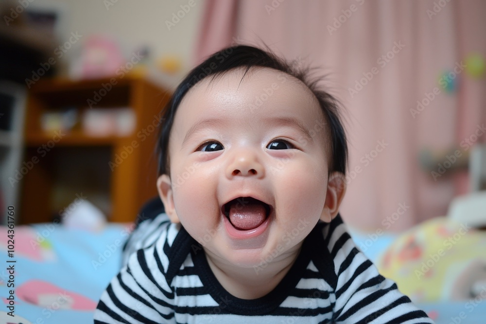 Joyful baby laughing happily in a cozy nursery with colorful decorations