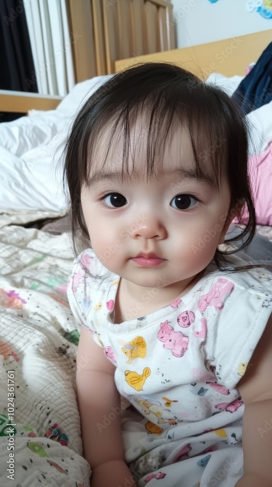 A curious toddler sitting on a cozy bed surrounded by soft blankets during a sunny afternoon A curious toddler sitting on a cozy bed surrounded by soft blankets during a sunny afternoon