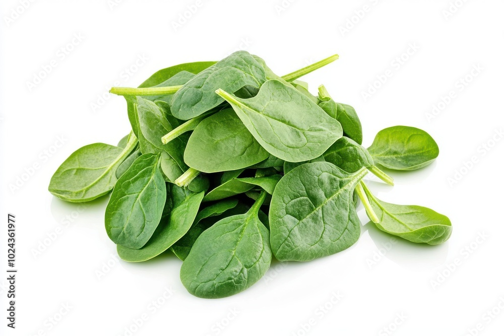 Pile of fresh green baby spinach leaves isolated on white background Pile of fresh green baby spinach leaves isolated on white background