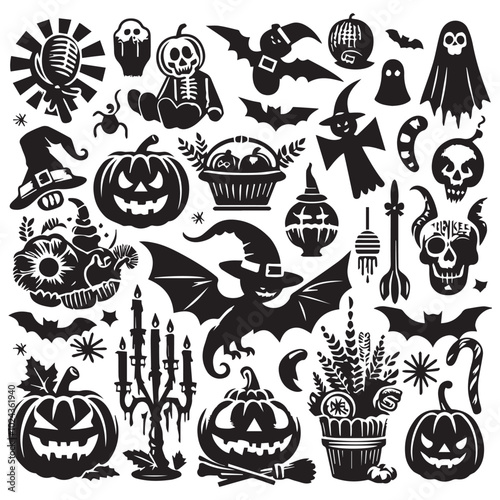 Halloween-themed clip art featuring pumpkins, ghosts, bats, and spooky decorations