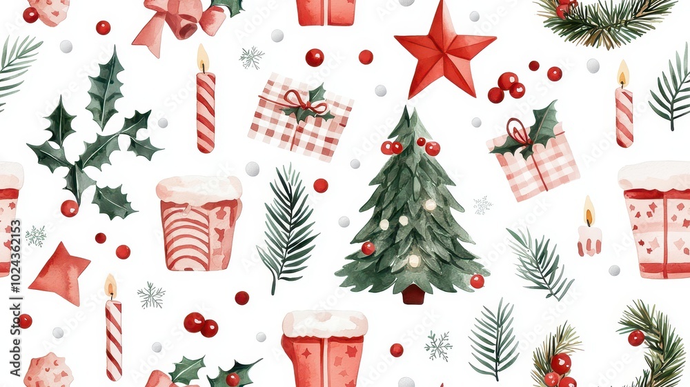 A charming seamless watercolor design featuring a festive Christmas scene. A charming seamless watercolor design featuring a festive Christmas scene.