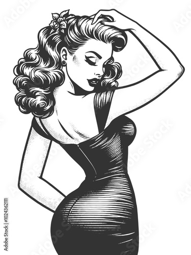 pin-up woman in a form-fitting dress, posing, vintage fashion sketch engraving generative ai fictional character vector illustration. Scratch board imitation. Black and white image.
