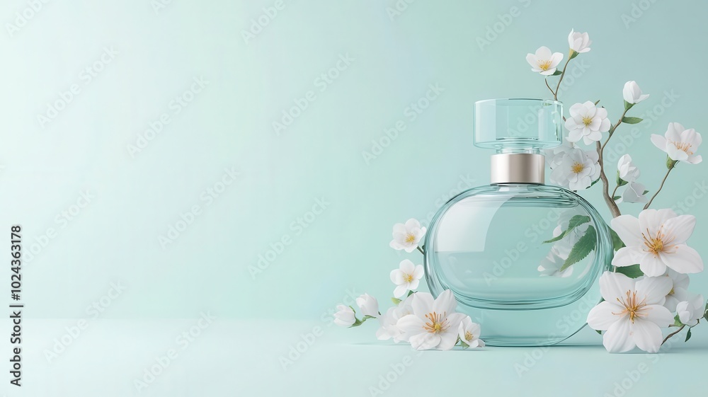 Fantasy perfume bottle, blooming spring aromas, enchanted floral design, 3D illustration