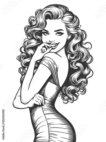 Playful smiling beautiful young woman flirty biting her little finger sketch engraving generative ai fictional character vector illustration. Scratch board imitation. Black and white image.